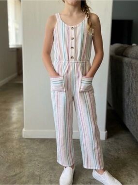 Mia Chica Cream Jumpsuit with Pastel Stripe Details